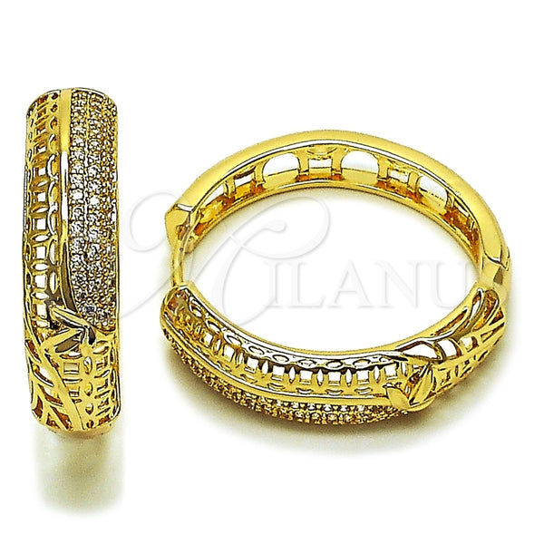 Oro Laminado Huggie Hoop, Gold Filled Style Leaf Design, with White Cubic Zirconia, Polished, Golden Finish, 02.204.0079.35