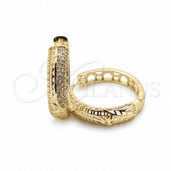 Oro Laminado Huggie Hoop, Gold Filled Style Leaf Design, with White Cubic Zirconia, Polished, Golden Finish, 02.204.0079.35