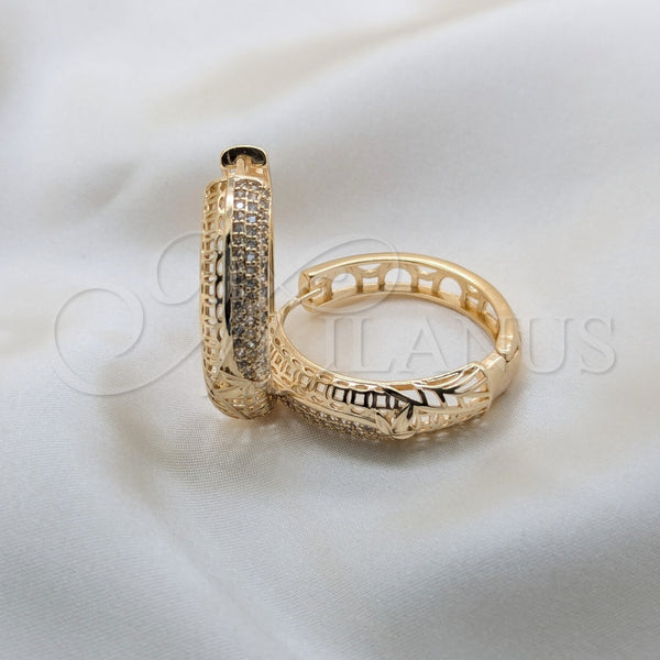 Gold Filled Hoop Earrings — Huggie Hoop Leaf Design with White Cubic Zirconia — main product view — SKU 162482 | Oro Laminado aretes de aro — Huggie Hoop Leaf diseño with blanco Cubic Zirconia — SKU 162482