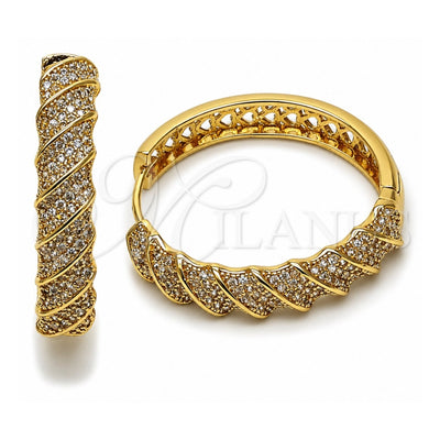 Oro Laminado Huggie Hoop, Gold Filled Style Twist Design, with White Cubic Zirconia, Polished, Golden Finish, 02.204.0082.40