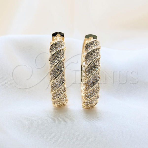 Gold Filled Hoop Earrings — Huggie Hoop Twist Design with White Cubic Zirconia — main product view — SKU 162485 | Oro Laminado aretes de aro — Huggie Hoop Twist diseño with blanco Cubic Zirconia — SKU 162485
