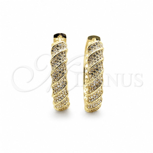 Oro Laminado Huggie Hoop, Gold Filled Style Twist Design, with White Cubic Zirconia, Polished, Golden Finish, 02.204.0082.40