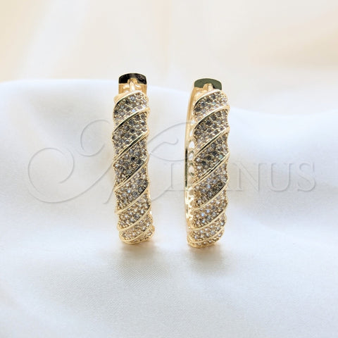 Oro Laminado Huggie Hoop, Gold Filled Style Twist Design, with White Cubic Zirconia, Polished, Golden Finish, 02.204.0082.40