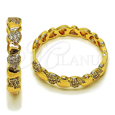 Oro Laminado Huggie Hoop, Gold Filled Style Heart Design, with White Cubic Zirconia, Polished, Golden Finish, 02.204.0084.35