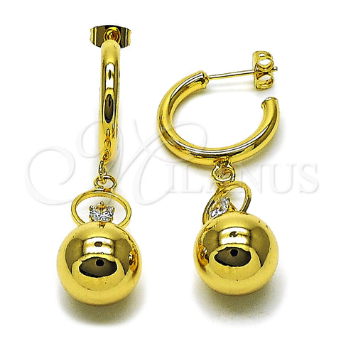 Oro Laminado Long Earring, Gold Filled Style Ball Design, with White Crystal, Polished, Golden Finish, 02.282.0085