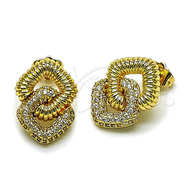 Oro Laminado Stud Earring, Gold Filled Style with White Micro Pave, Polished, Golden Finish, 02.283.0332