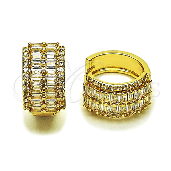 Oro Laminado Huggie Hoop, Gold Filled Style Baguette Design, with White Cubic Zirconia, Polished, Golden Finish, 02.283.0334.20