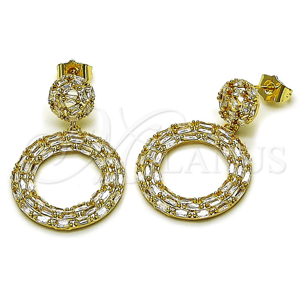 Oro Laminado Dangle Earring, Gold Filled Style Baguette and Cluster Design, with White Cubic Zirconia, Polished, Golden Finish, 02.283.0348