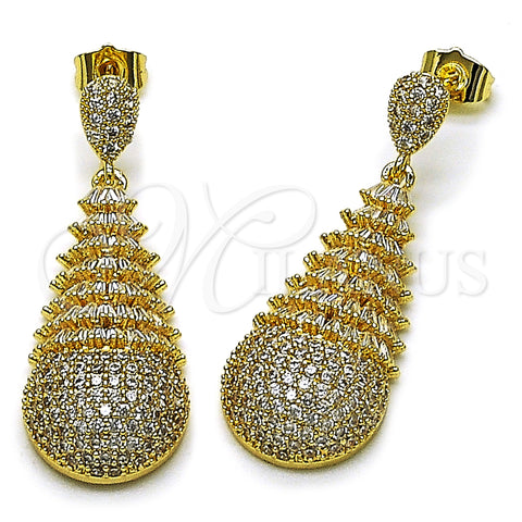 Oro Laminado Dangle Earring, Gold Filled Style Teardrop and Baguette Design, with White Cubic Zirconia, Polished, Golden Finish, 02.283.0349
