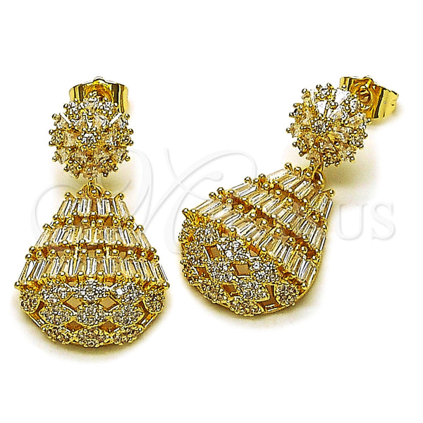 Oro Laminado Dangle Earring, Gold Filled Style Teardrop and Baguette Design, with White Cubic Zirconia and White Micro Pave, Polished, Golden Finish, 02.283.0350