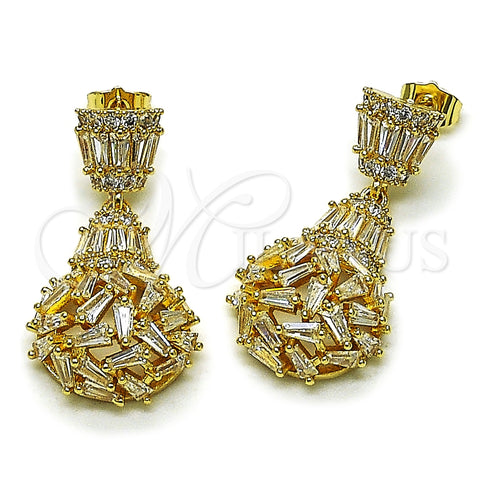 Oro Laminado Dangle Earring, Gold Filled Style Teardrop and Baguette Design, with White Cubic Zirconia, Polished, Golden Finish, 02.283.0351
