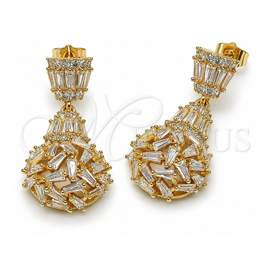 Oro Laminado Dangle Earring, Gold Filled Style Teardrop and Baguette Design, with White Cubic Zirconia, Polished, Golden Finish, 02.283.0351
