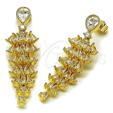 Oro Laminado Long Earring, Gold Filled Style Teardrop Design, with White Cubic Zirconia, Polished, Golden Finish, 02.283.0353