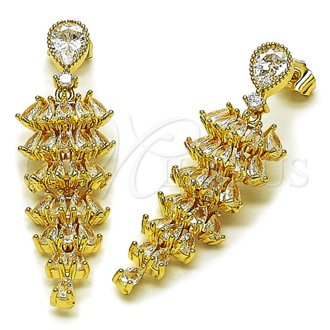 Oro Laminado Long Earring, Gold Filled Style Teardrop Design, with White Cubic Zirconia, Polished, Golden Finish, 02.283.0353