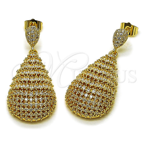Oro Laminado Dangle Earring, Gold Filled Style Teardrop Design, with White Cubic Zirconia, Polished, Golden Finish, 02.283.0354