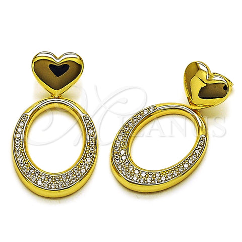 Oro Laminado Dangle Earring, Gold Filled Style Heart Design, with White Cubic Zirconia, Polished, Golden Finish, 02.213.0861