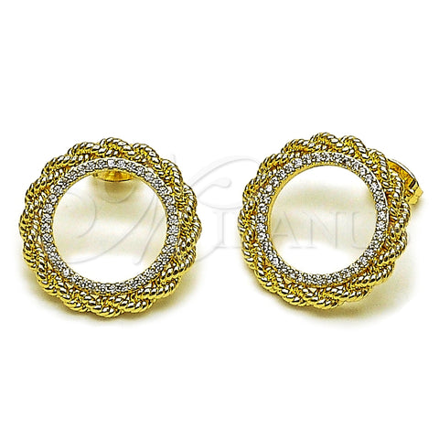 Oro Laminado Stud Earring, Gold Filled Style Rope Design, with White Micro Pave, Polished, Golden Finish, 02.213.0862