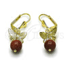 Oro Laminado Long Earring, Gold Filled Style Butterfly and Ball Design, Diamond Cutting Finish, Golden Finish, 02.213.0864