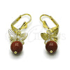 Oro Laminado Long Earring, Gold Filled Style Butterfly and Ball Design, with Brown Goldstone Venturina, Diamond Cutting Finish, Golden Finish, 02.213.0864
