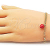 Oro Laminado Charm Bracelet, Gold Filled Style Strawberry and Paperclip Design, Red Enamel Finish, Golden Finish, 03.213.0405.07 (Thickness, 7 Inches Length)