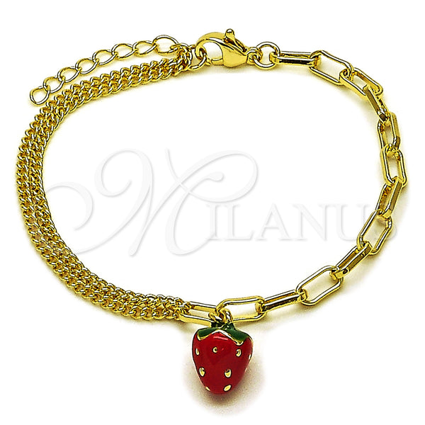 Oro Laminado Charm Bracelet, Gold Filled Style Strawberry and Paperclip Design, Red Enamel Finish, Golden Finish, 03.213.0405.07 (Thickness, 7 Inches Length)