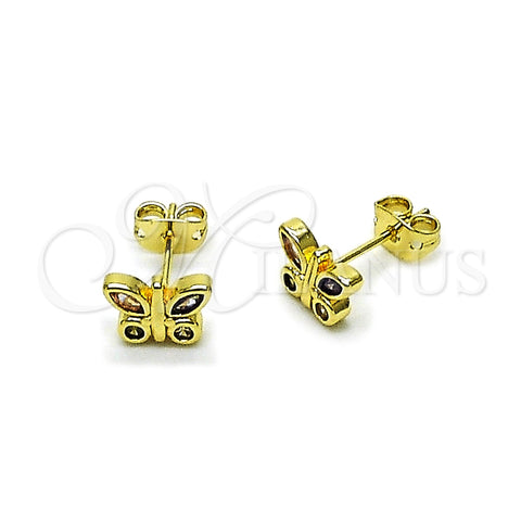 Oro Laminado Stud Earring, Gold Filled Style Butterfly Design, with Multicolor Cubic Zirconia, Polished, Golden Finish, 02.213.0866