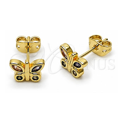 Oro Laminado Stud Earring, Gold Filled Style Butterfly Design, with Multicolor Cubic Zirconia, Polished, Golden Finish, 02.213.0866