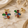 Oro Laminado Stud Earring, Gold Filled Style Flower Design, with Multicolor Cubic Zirconia, Polished, Golden Finish, 02.213.0867