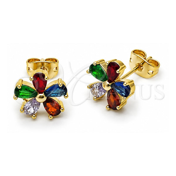 Oro Laminado Stud Earring, Gold Filled Style Flower Design, with Multicolor Cubic Zirconia, Polished, Golden Finish, 02.213.0867