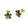 Oro Laminado Stud Earring, Gold Filled Style Flower Design, with Multicolor Cubic Zirconia, Polished, Golden Finish, 02.213.0867