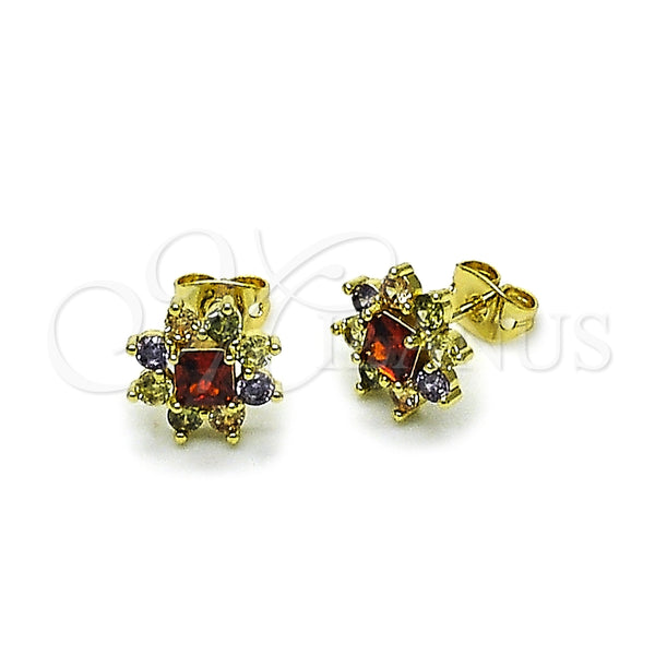 Oro Laminado Stud Earring, Gold Filled Style Flower Design, with Multicolor Cubic Zirconia, Polished, Golden Finish, 02.213.0868