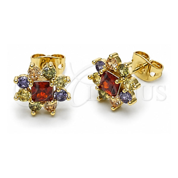 Oro Laminado Stud Earring, Gold Filled Style Flower Design, with Multicolor Cubic Zirconia, Polished, Golden Finish, 02.213.0868