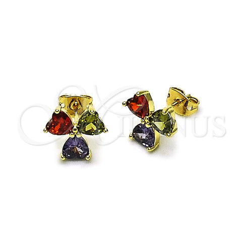 Oro Laminado Stud Earring, Gold Filled Style Flower and Heart Design, with Multicolor Cubic Zirconia, Polished, Golden Finish, 02.213.0869
