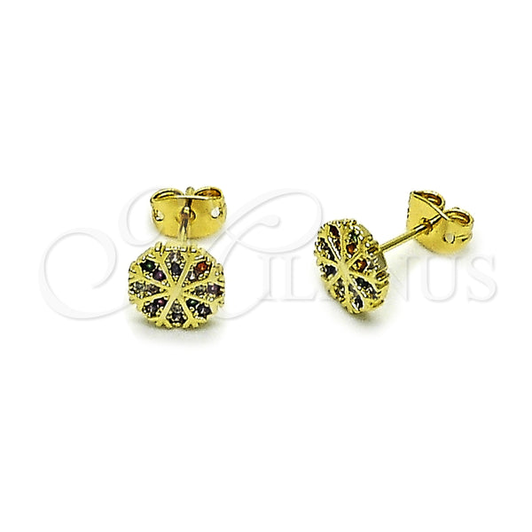 Oro Laminado Stud Earring, Gold Filled Style Flower Design, with Multicolor Micro Pave, Polished, Golden Finish, 02.213.0870