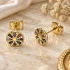 Oro Laminado Stud Earring, Gold Filled Style Flower Design, with Multicolor Micro Pave, Polished, Golden Finish, 02.213.0870