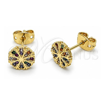 Oro Laminado Stud Earring, Gold Filled Style Flower Design, with Multicolor Micro Pave, Polished, Golden Finish, 02.213.0870