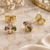 Oro Laminado Stud Earring, Gold Filled Style Four-leaf Clover Design, with Multicolor Cubic Zirconia, Polished, Golden Finish, 02.213.0871