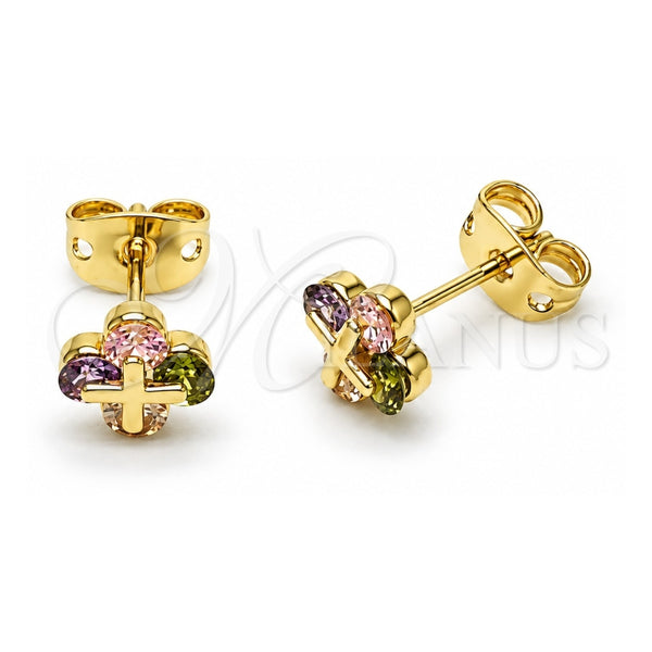 Oro Laminado Stud Earring, Gold Filled Style Four-leaf Clover Design, with Multicolor Cubic Zirconia, Polished, Golden Finish, 02.213.0871