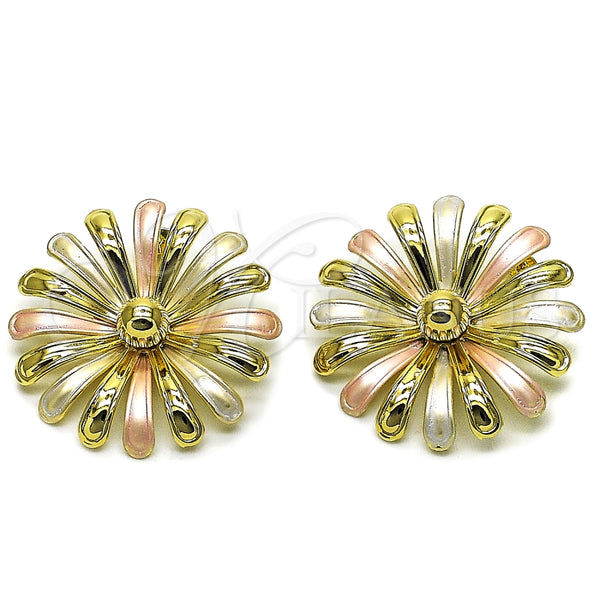 Oro Laminado Stud Earring, Gold Filled Style Flower Design, Polished, Tricolor, 02.213.0872