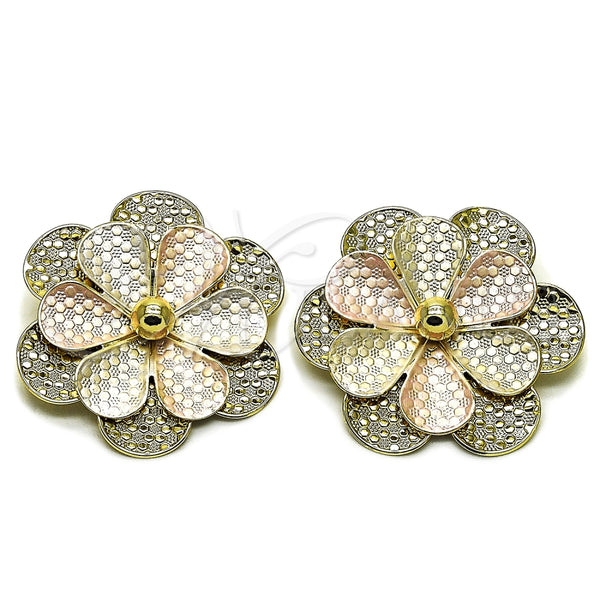 Oro Laminado Stud Earring, Gold Filled Style Flower and Ball Design, Polished, Tricolor, 02.213.0876