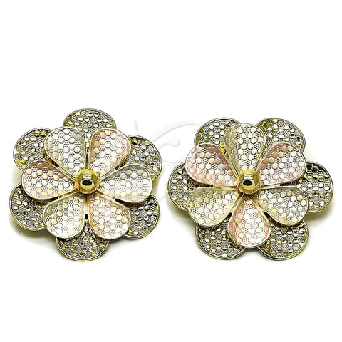 Oro Laminado Stud Earring, Gold Filled Style Flower and Ball Design, Polished, Tricolor, 02.213.0876