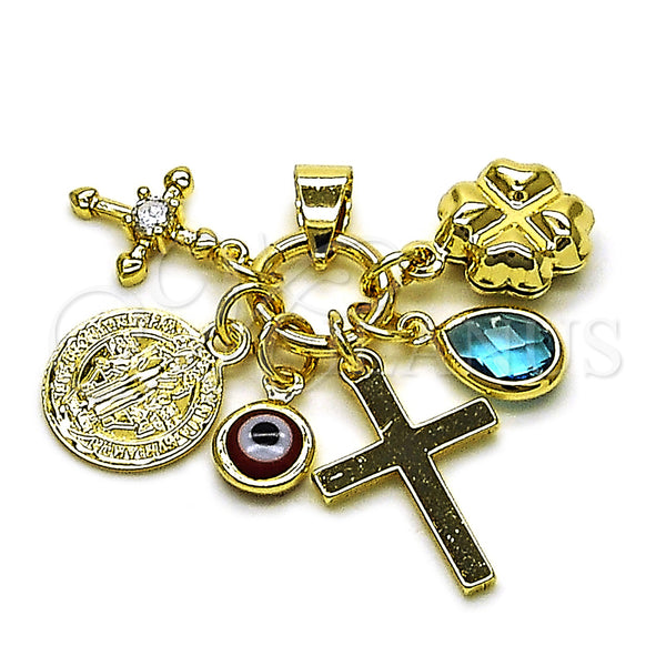 Oro Laminado Religious Pendant, Gold Filled Style San Benito and Cross Design, with White and Blue Topaz Cubic Zirconia, Polished, Golden Finish, 05.213.0184