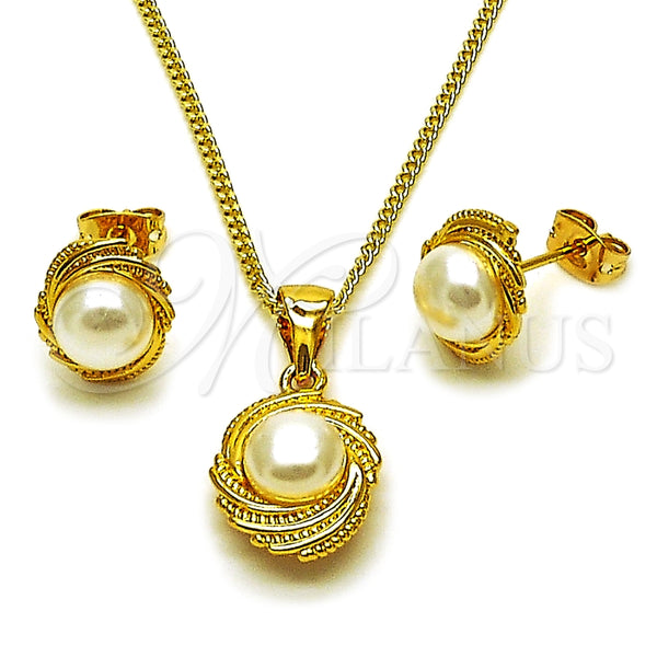 Oro Laminado Earring and Pendant Adult Set, Gold Filled Style Ball and Twist Design, with Ivory Pearl, Polished, Golden Finish, 10.342.0261