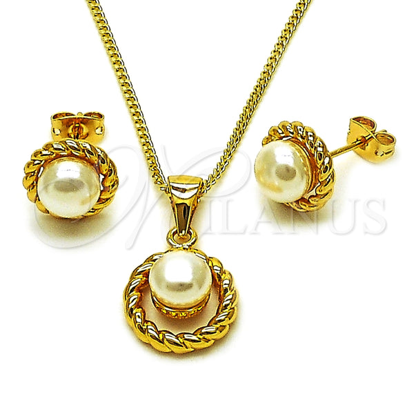 Oro Laminado Earring and Pendant Adult Set, Gold Filled Style Ball and Twist Design, with Ivory Pearl, Polished, Golden Finish, 10.342.0262
