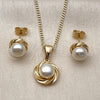 Oro Laminado Earring and Pendant Adult Set, Gold Filled Style Ball and Twist Design, with Ivory Pearl, Polished, Golden Finish, 10.342.0264
