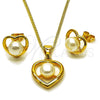 Oro Laminado Earring and Pendant Adult Set, Gold Filled Style Heart and Ball Design, with Ivory Pearl, Polished, Golden Finish, 10.342.0266