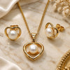 Oro Laminado Earring and Pendant Adult Set, Gold Filled Style Heart and Ball Design, with Ivory Pearl, Polished, Golden Finish, 10.342.0266