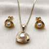 Oro Laminado Earring and Pendant Adult Set, Gold Filled Style Ball and Love Knot Design, with Ivory Pearl, Diamond Cutting Finish, Golden Finish, 10.342.0267