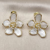 Oro Laminado Stud Earring, Gold Filled Style Flower Design, with Ivory Mother of Pearl and White Cubic Zirconia, Polished, Golden Finish, 02.436.0013