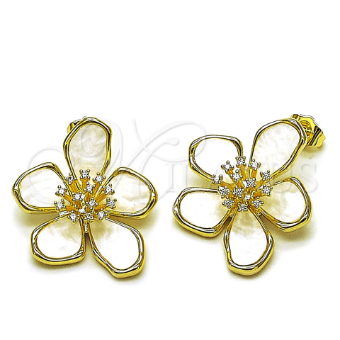 Oro Laminado Stud Earring, Gold Filled Style Flower Design, with Ivory Mother of Pearl and White Cubic Zirconia, Polished, Golden Finish, 02.436.0013